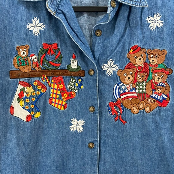 Vintage Rafaella Shirt Womens M Blue Holiday Bears Button Up Christmas Denim - Picture 3 of 10